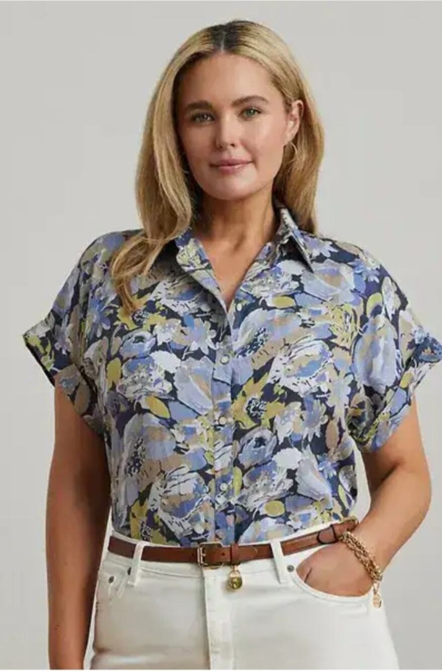 5818) Lauren Ralph Lauren Relaxed Fit Linen Blue Floral Short Sleeve Top Size 2X